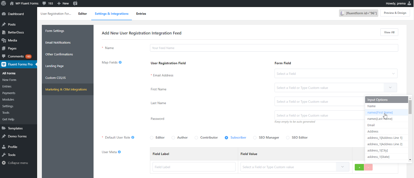 user registration form