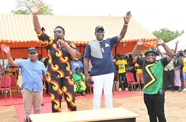 Kinango MP Benjamin Tayari, Malindi MP Aisha Jumwa, Deputy President William Ruto and Kilifi North MP Owen Baya during the Kilifi town rally on Friday