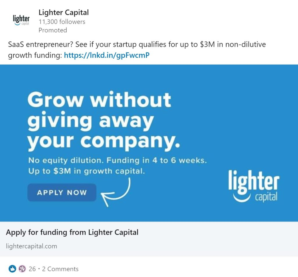 LinkedIn sigle image ad example from Lighter Capital