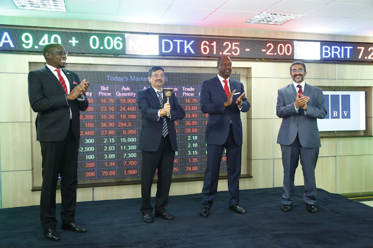 L-R:NSE CEO Geoffrey Odundo NBV Chairman Haresh Soni, NSE Chairman Kiprono Kittony and ABC Group Managing Director Shamaz Savani at NBV's bell ringing ceremony. NBV listed an additional 415 million shares on the NSE/