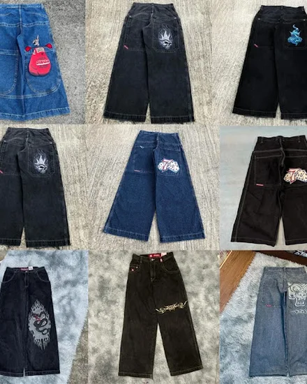 Men clothing JNCO Baggy Jeans Y2K Hip Hop Embroidered hig... - 0