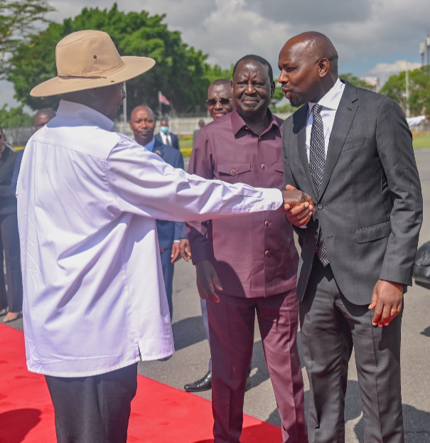 Ugandan President Yoweri Museveni and Transport CS Kipchumba Murkomen after his three day State visit on May 17, 2024.