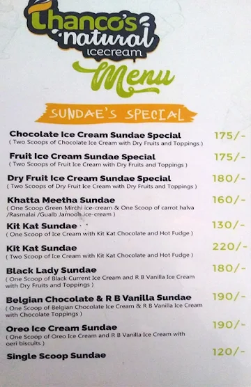 Thanco's Natural Ice Cream menu 