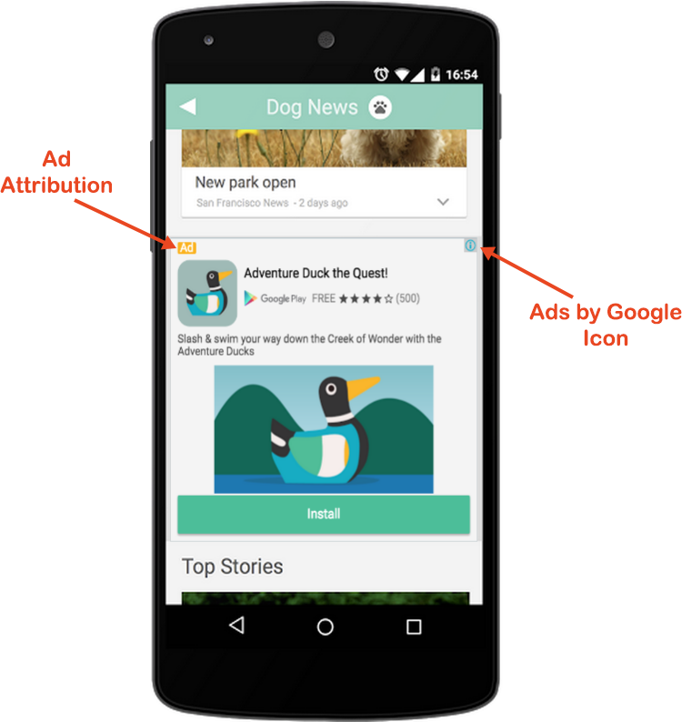 Example of native ad with ads by Google icon.