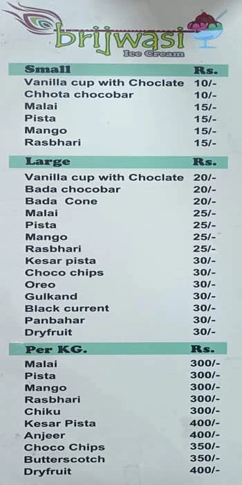 Brijwasi Ice Cream, Kulfi & Falooda menu 