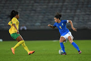 Banyana Banyana forward Jermaine Seoposenwe and Rafaelle Souza of Brazil during the Women's International Friendly match at Orlando Stadium on September 02 in Johannesburg.