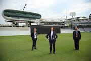 Sam Wright (Director WilkinsonEyre Architects), Guy Lavender (Chief Executive & Secretary, MCC) and Robert Ebdon ( MCC, Assistant Secretary (Estates and Ground Development) pose for a photograph at Lord's Cricket Ground on September 16, 2020 in London, England. Marylebone Cricket Club (MCC) is marking exactly one year of redevelopment of the Compton and Edrich Stands at Lord's Cricket Ground.