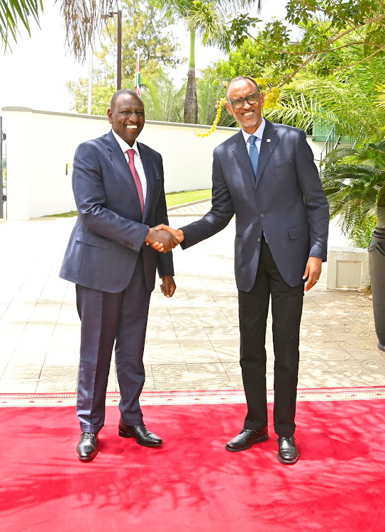 President William Ruto and his Rwandan counterpart Paul Kagame in KIgali, Rwanda ahead of the 9th session of the Joint Permanent Commission for Cooperation (JPCC) on April 4, 2023.