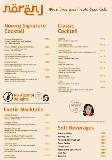 Norenj Wine Dine & Fresh Beer Cafe menu 