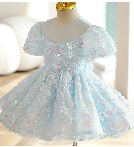 Title 2, Girls Blue Sequins New Puff Sleeve Umbrella Pri...