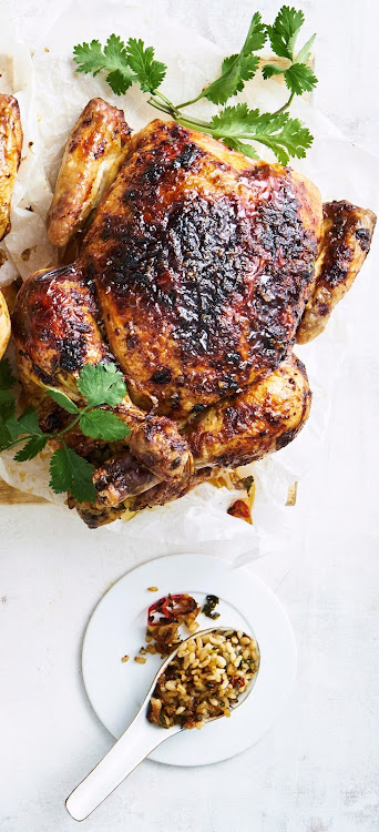 Asian-style roast chicken and stuffing.