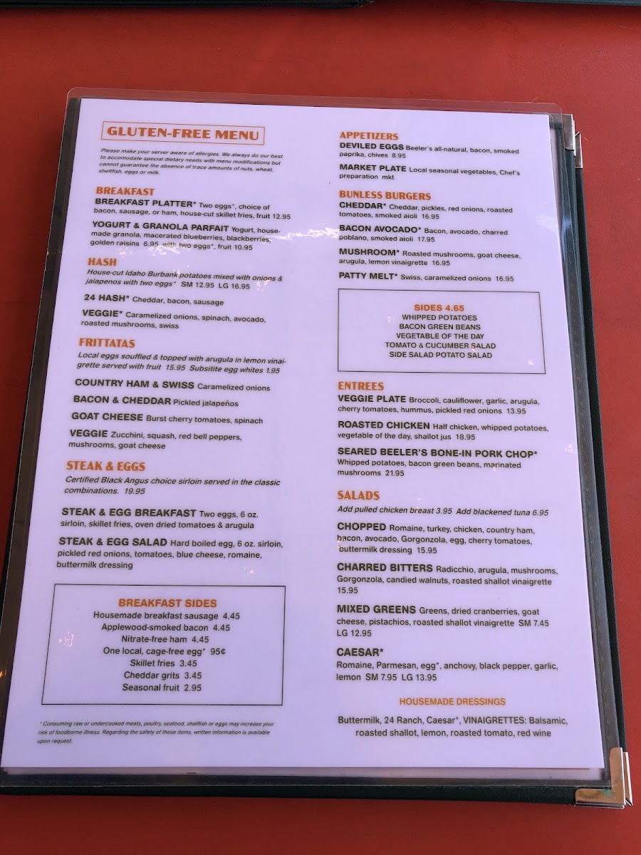 24 Diner gluten-free menu