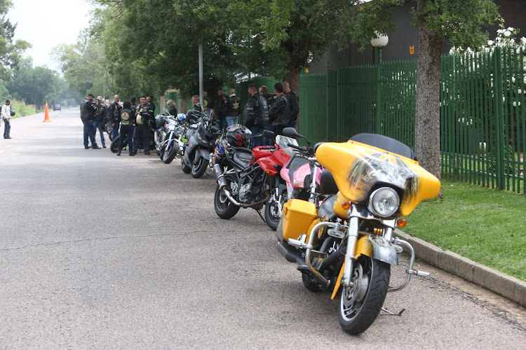 Motorcycles belonging to bikers from the Ghost Riders biking club lining up outside the church where the funeral service of four siblings who were killed following the explosion of a gas tanker in Boksburg on December 24.