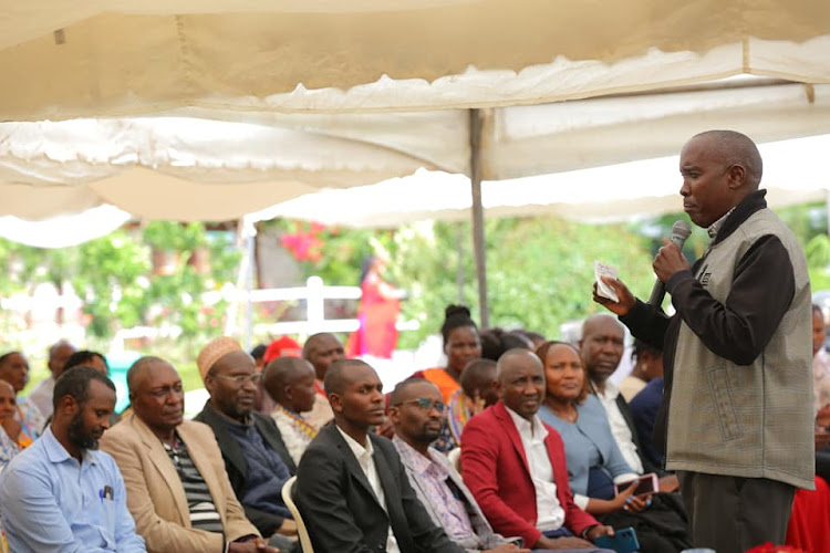 Governor Lenku addresses parents and students who have completed their studies in tertiary colleges and universities during a ceremony in Kajiado on January 5, 2024..