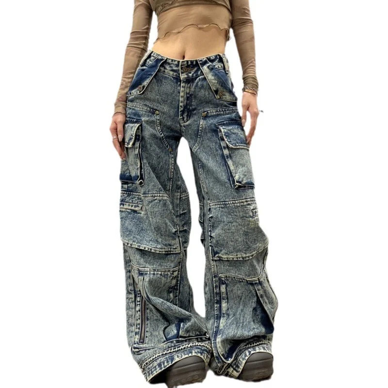 Calças jeans de trabalho American Street plus size com vários bolsos para mulheres. Conforto e praticidade no trabalho.