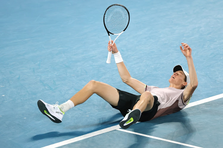 Jannik Sinner of Italy celebrates winning championship point in the 2024 Australian Open final against Daniil Medvedev at Melbourne Park on Sunday.