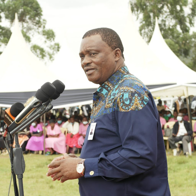 National Assembly speaker Justine Muturi addresses mourners at Menyenya Primary school in Borabu Constintuency Nyamira County on Sunday January 30, 2022.