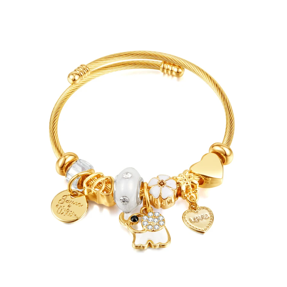 Titanium stalen damesarmband met bloemen, liefde en baby-olifant. Een prachtig sieraad, duurzaam en perfect als cadeau.