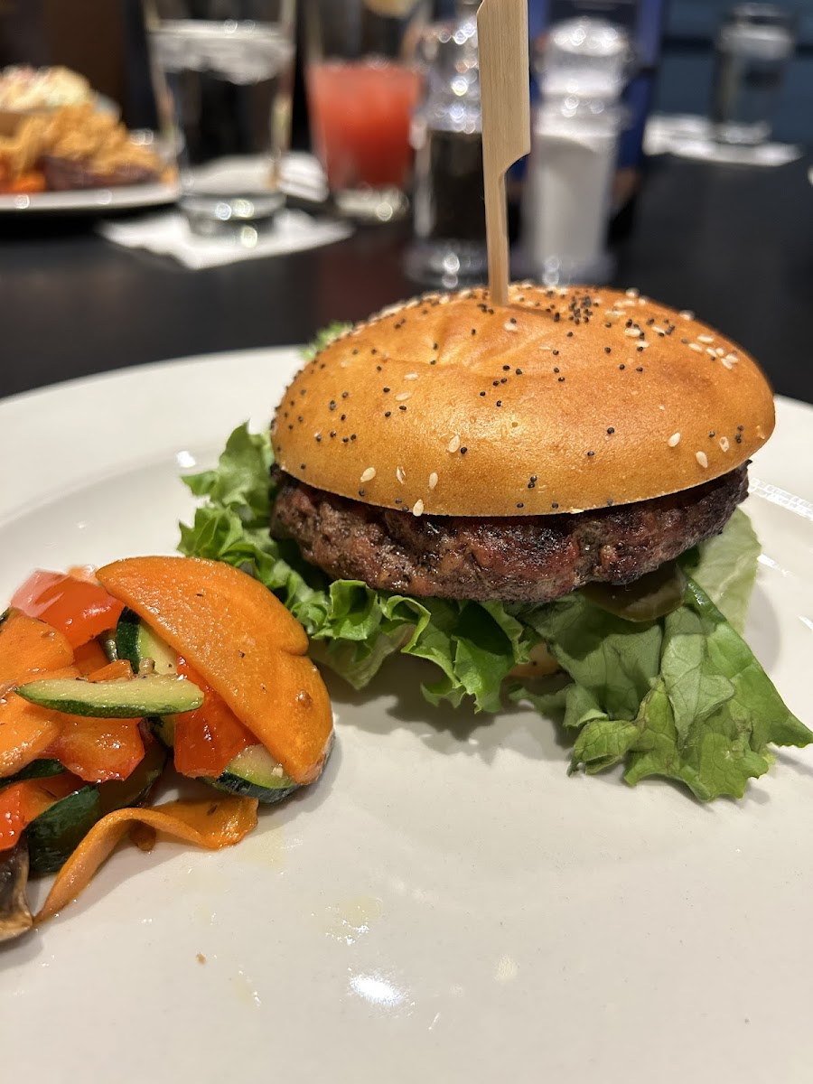 Turtle Jack's Classic Burger with vegetables.