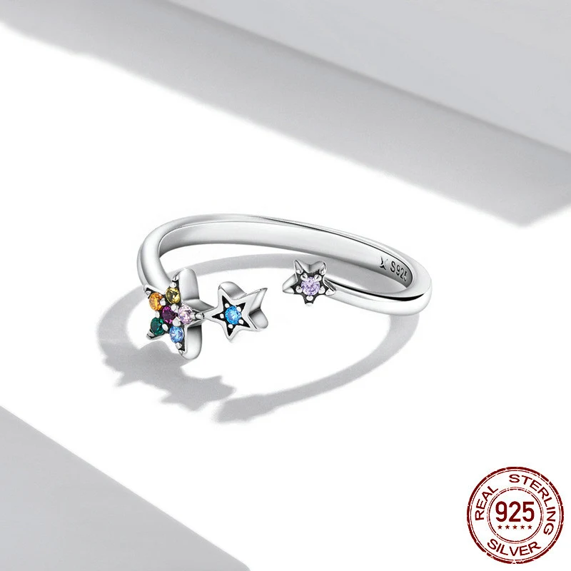 S925 Sterling zilveren open ster ring met gekleurde zirkonia, vijfpunts ster, elegante dames sieraad, perfect cadeau, stralende glans.