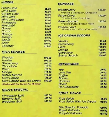 Nila Restaurant menu 