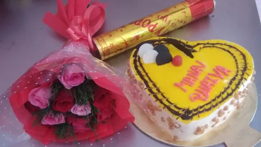 Butterscotch Heart Shape Cake With 10 Rose Bunch And Party Popar