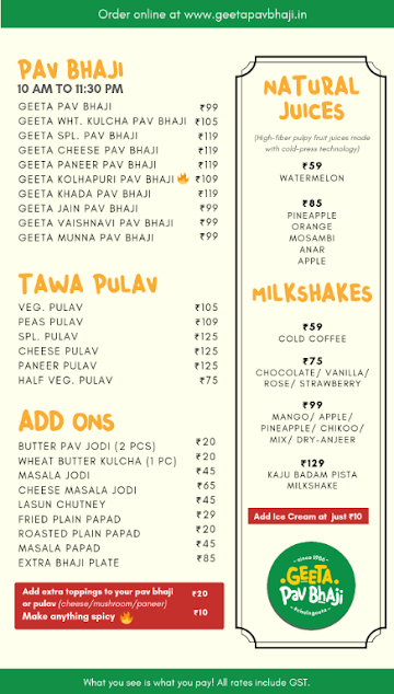 Geeta Pav Bhaji menu 