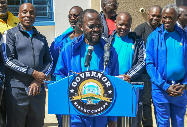 Governor Anyang Nyong’o speaks before flagging off a team of players representing the county in the upcoming Kenya Inter- Counties Sports and Cultural Association (KICOSCA) games.