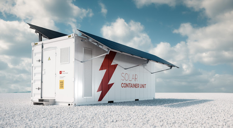 A 3D rendering of a solar system with battery storage. The units will be rolled out to some towns in a pilot project in the Western Cape to mitigate the effects of load-shedding. Stock photo.