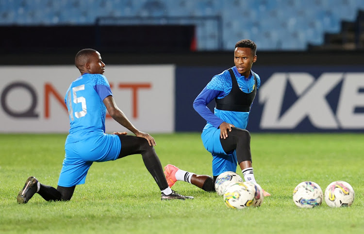 Mamelodi Sundowns midfielders Themba Zwane and Thembinkosi Lorch during their training session at Loftus to prepare for the CAF Champions League semifinal second leg against Esperance.