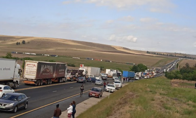 Trucks block the N3 in KwaZulu-Natal, in this undated picture: Picture: SAPS/ TWITTER