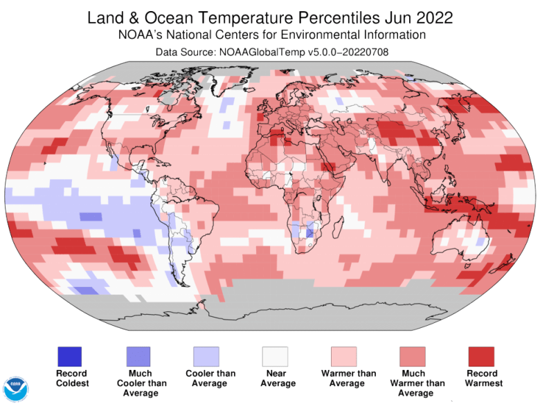 Land and ocean temperature percentiles June 2022