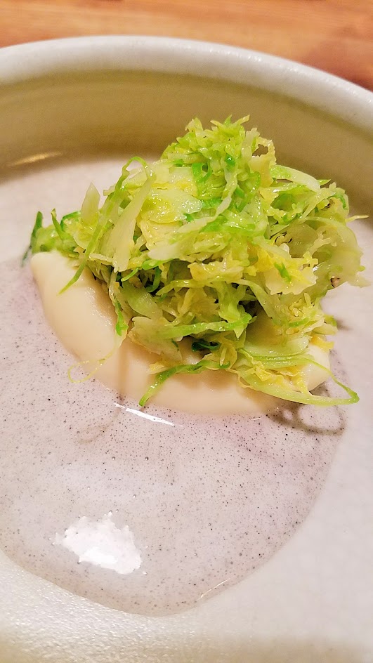 Farm Spirit 7:45 PM seating on December 16th dinner: Shredded brussels sprouts with celeriac puree, Meyer Lemon and Oregon Black Truffles