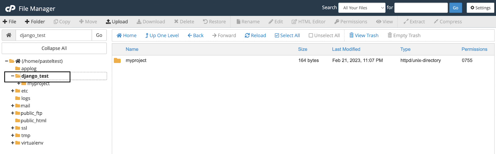 The cPanel File Manager interface showing a directory structure with a folder named 'django_test' selected. Inside 'django_test', a subfolder named 'myproject' is listed, with details noting it was last modified on February 21, 2023, at 11:07 PM, is a Unix directory, and has 0755 permissions.
