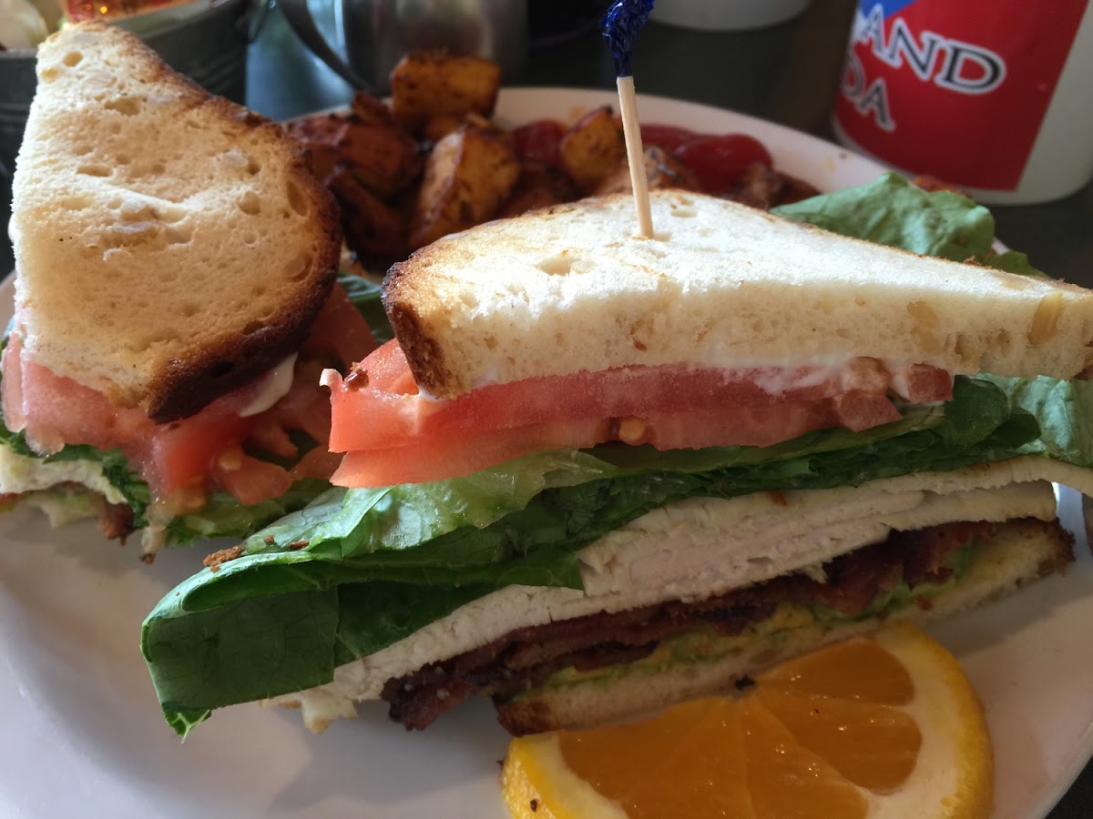 BLT with additional Turkey and Avocado and a side of breakfast potatoes.