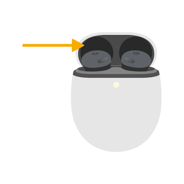 Directional arrow pointing to the inside of a wireless headset lid case
