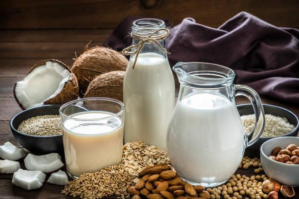 Various kinds of vegan milk Front view of a drinking glass, a bottle and a jug filled with fresh organic vegan milks surrounded by oat flakes, soy beans, quinoa seeds, rice grains, spelt grains, hazelnuts, almonds and coconuts pieces. Low key DSLR photo taken with Canon EOS 6D Mark II and Canon EF 24-105 mm f/4L soy milk stock pictures, royalty-free photos & images