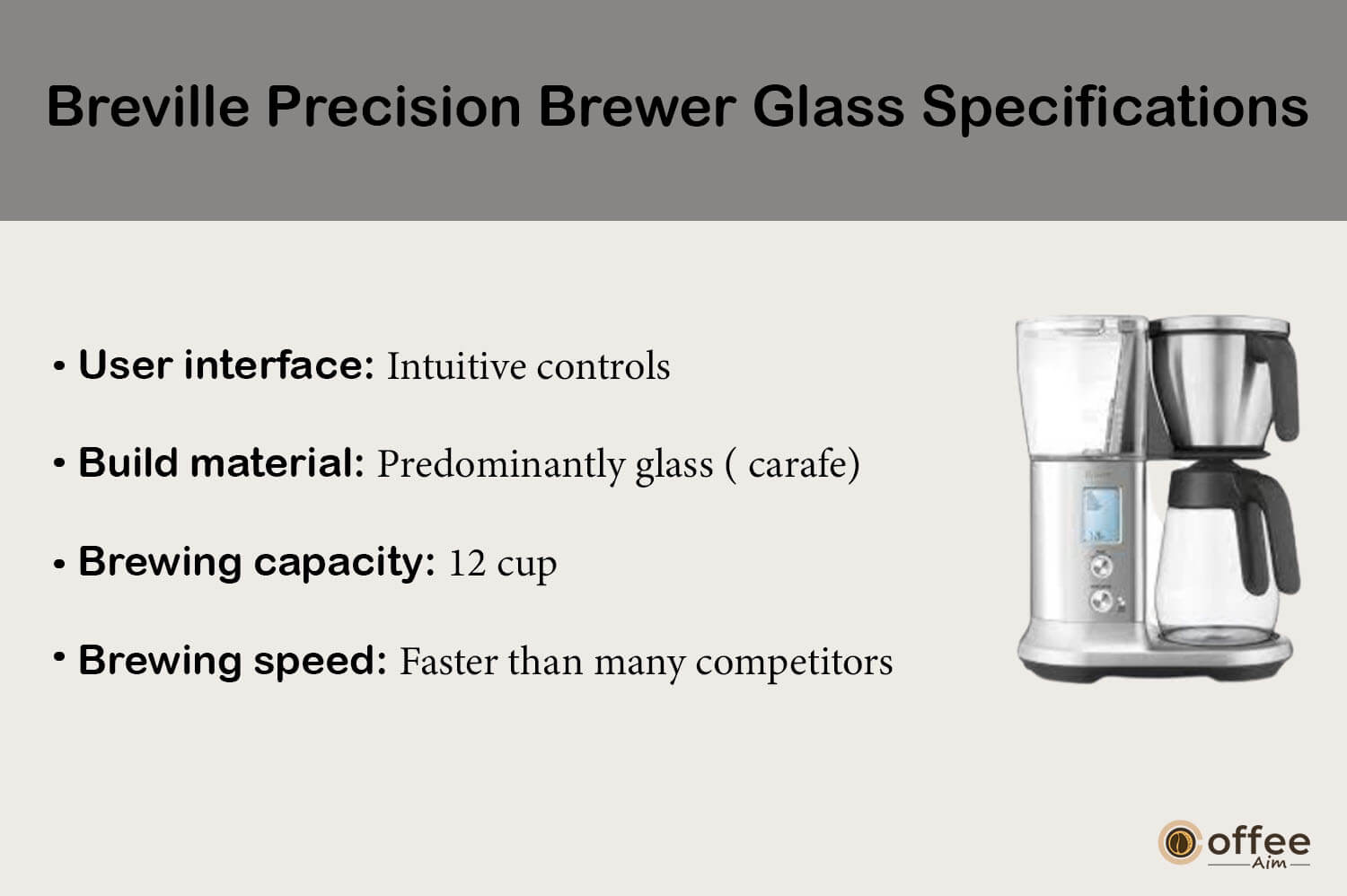 This image outlines the specifications of the 'Breville Precision Brewer Glass' for our comprehensive review article on the same product.
