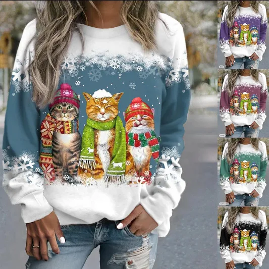 Grenzüberschreitendes Damen-Weihnachts-Neu-Schneemann- und Katze-bedrucktes, langärmliges, lässiges, locker sitzendes T-Shirt mit Weihnachtsbedarf