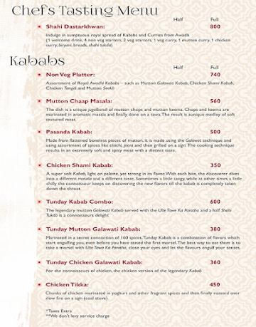 Tunday Kababi Dastarkhwan-e-Awadh menu 
