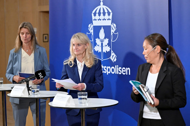 Swedish officials Susanna Trehorning, Charlotte von Essen and Ahn-Za Hagstrom at a press conference in Stockholm, Sweden, August 17 2023. Picture: TT NEWS AGENCY/HNERIK MONTGOMERY/REUTERS