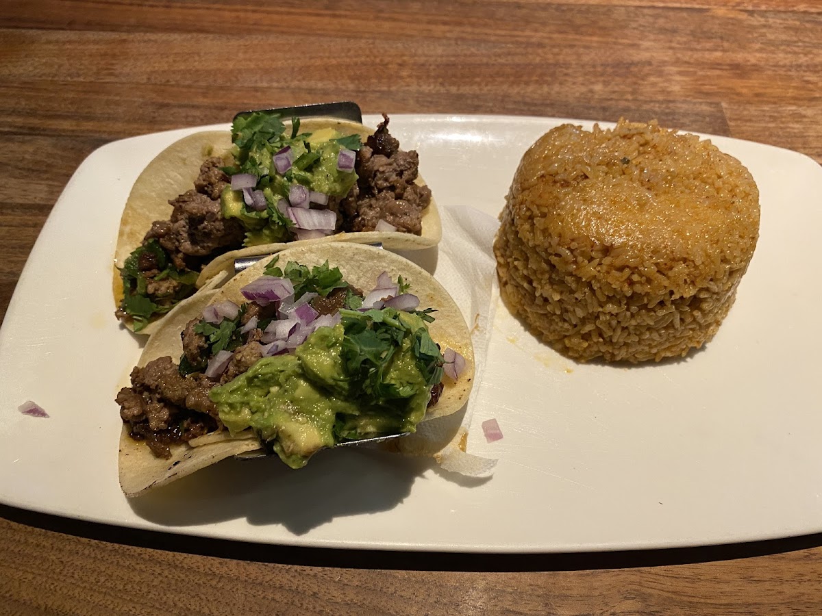 Carne asada tacos and spicy rice