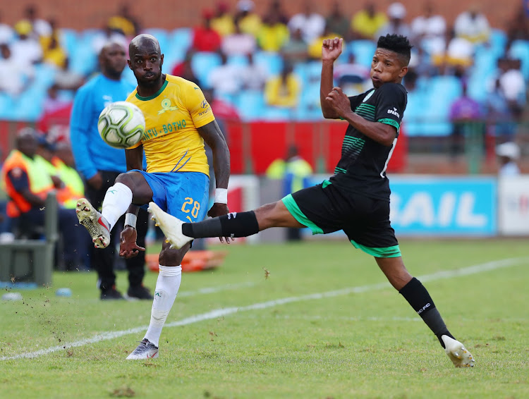 Anthony Laffor of Mamelodi Sundowns challenged by Tebogo Potsane of Bloemfontein Celtic during the Absa Premiership 2018/19 match between Mamelodi Sundowns and Bloemfontein Celtic at Loftus Versfeld Stadium, Pretoria on 02 March 2019.