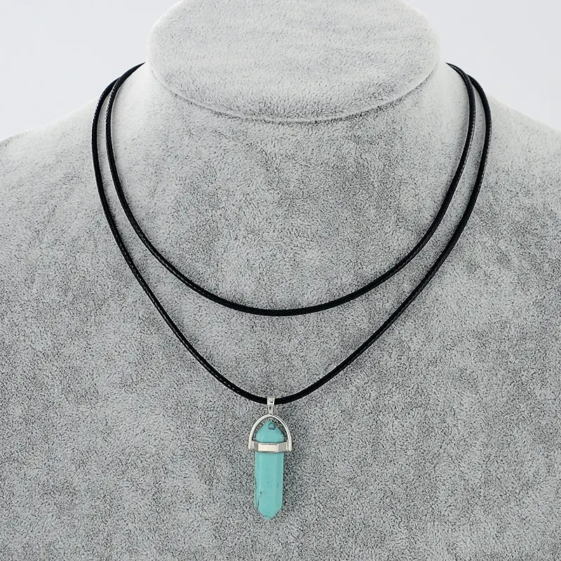 Title 10, Natural Stone Pendant Double Leather Rope Cryst...