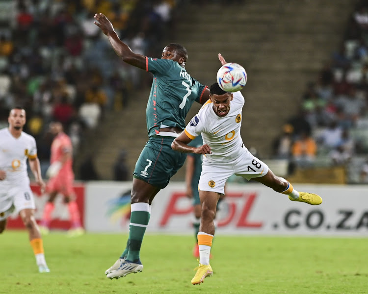 DURBAN, SOUTH AFRICA - JANUARY 13: Bonginkosi Ntuli of AmaZulu FC and Dillan Solomons of Kaizer Chiefs during the DStv Premiership match between AmaZulu FC and Kaizer Chiefs at Moses Mabhida Stadium on January 13, 2023 in Durban, South Africa. (Photo by Darren Stewart/Gallo Images)