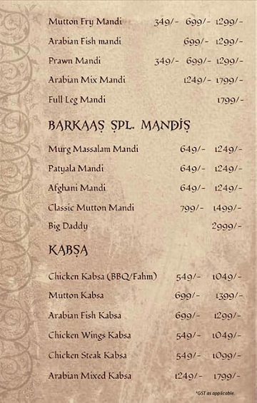 Barkaas Indo - Arabic Restaurant menu 