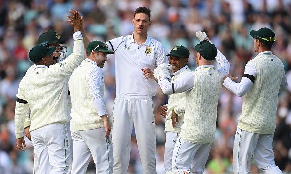 Proteas fast bowler Marco Jansen celebrates after dismissing Alex Lees during the third day of the third Test between England and South Africa at The Kia Oval on September 10, 2022 in London, England.