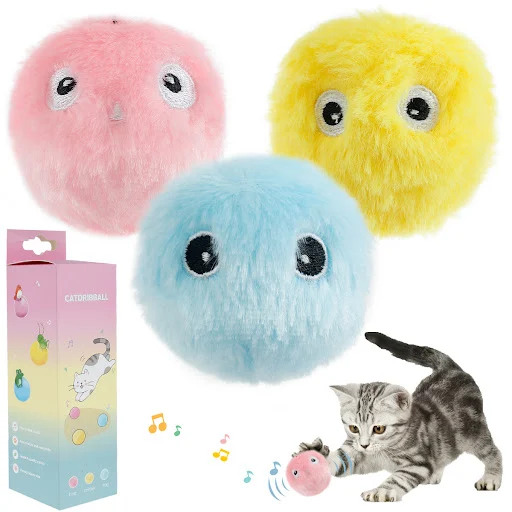 3 pcs Cat Toys Balls Squeaky Plush Cat Toys Battery Operated Cat Interactive Toys Balls Animal Sound Toys for Indoor Hom