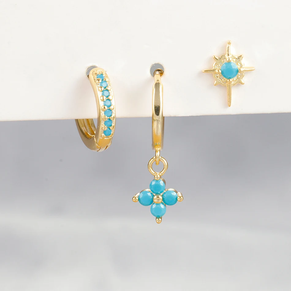 Brincos de zircônia com design de flor, pinheiro e pedra azul, luxuosos e leves, perfeitos para um toque sofisticado e elegante ao seu visual.