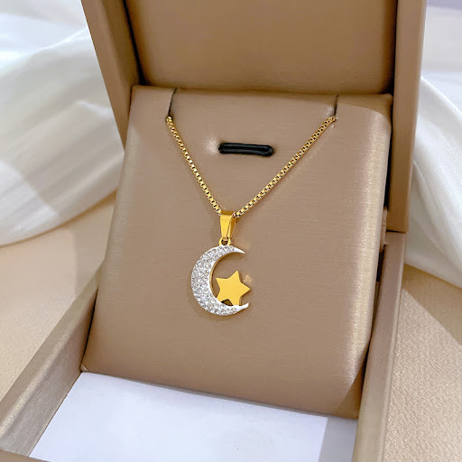 Title 6, Titanium Steel Moon Simple Real Gold Necklace A...